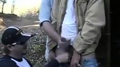 Daddy gets a public handjob (Group jerk outside)