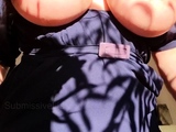 Busty curly brunette with big boobs fucks on couch