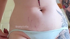 Busty curly brunette with big boobs fucks on couch