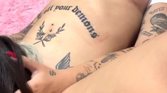 Blonde and brunette lesbians licking and sucking pussy