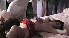 Two sexy brunette lesbians licking each others pussies