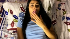 Small tit brunette amateur tugs on a big willie