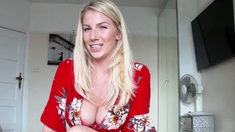Close up with blonde hottie blowing a large dick