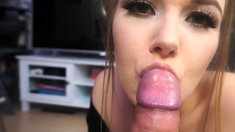 Cute girl makes big cock cum on her face