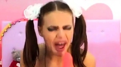 Cam Girl With Pigtails Gagging On Dildo